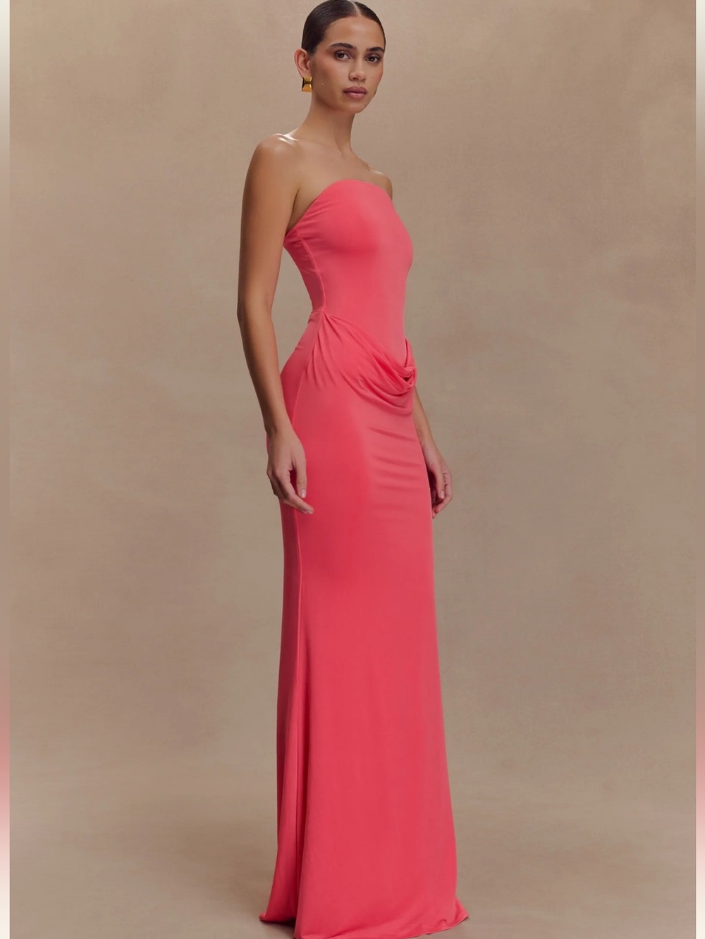 Strapless Coral Draped Maxi Dress